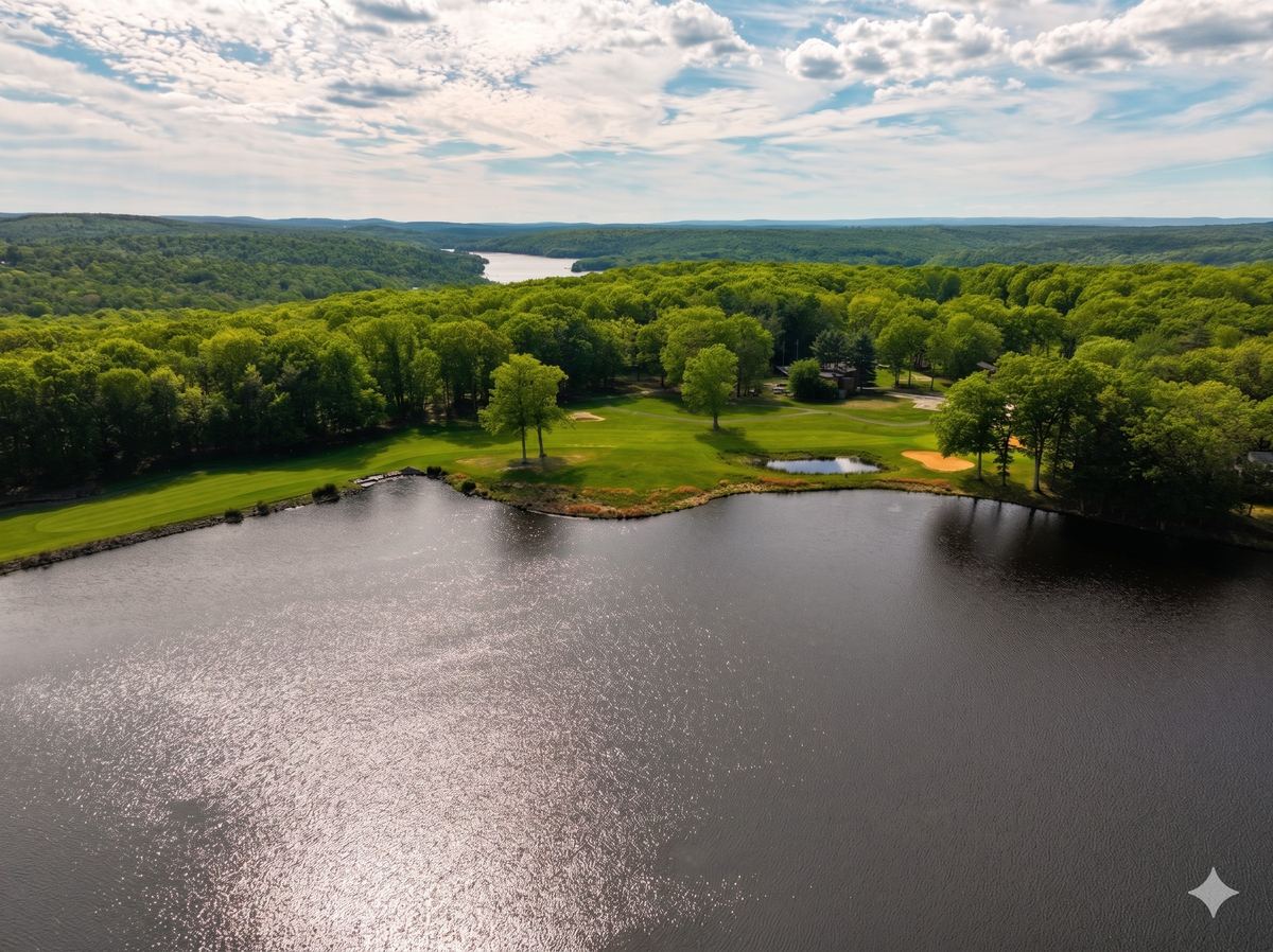 Hole 18, the closing par 4 — fairway opens out toward Lake Wallenpaupack on the horizon